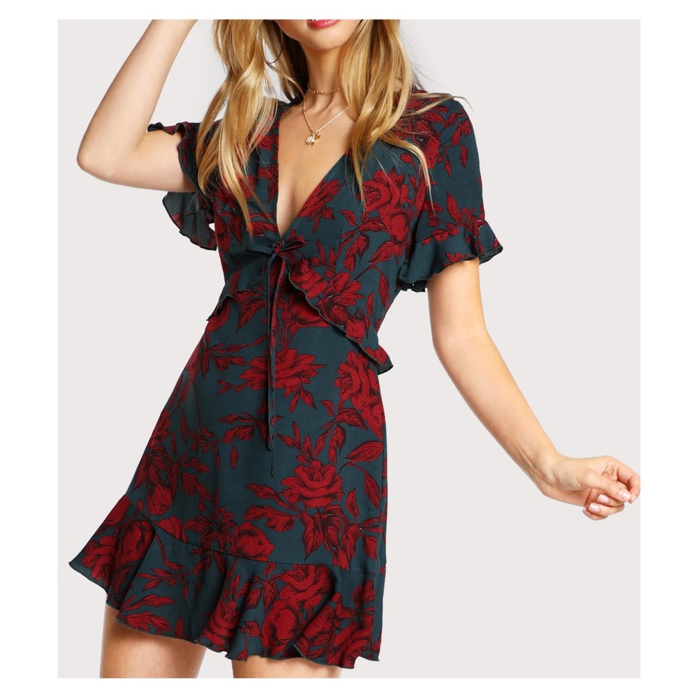 Multicolor Floral V Neck Frill Mini Dress - Picture 2 of 5